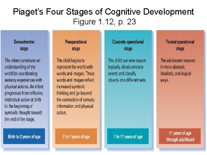 Slide 13 Piaget’s Four Stages of Cognitive Development Figure 1. 12, p. 23 ©