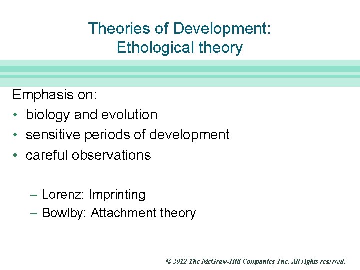 Slide 18 Theories of Development: Ethological theory Emphasis on: • biology and evolution •