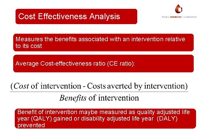 Cost Effectiveness Analysis Measures the benefits associated with an intervention relative to its cost