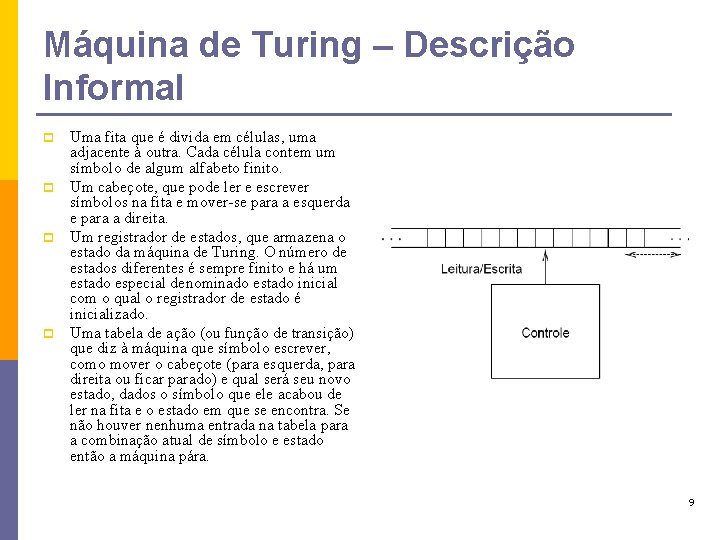 Máquina de Turing – Descrição Informal p p Uma fita que é divida em