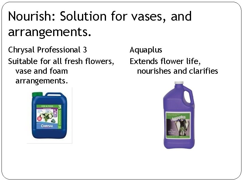 Nourish: Solution for vases, and arrangements. Chrysal Professional 3 Suitable for all fresh flowers,