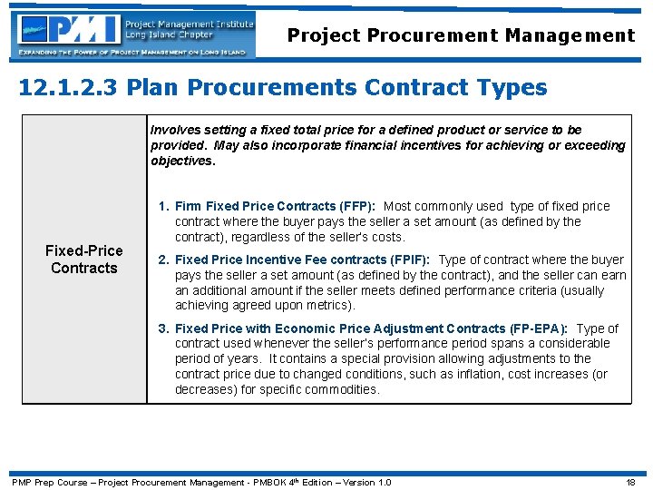 Project Procurement Management 12. 1. 2. 3 Plan Procurements Contract Types Involves setting a