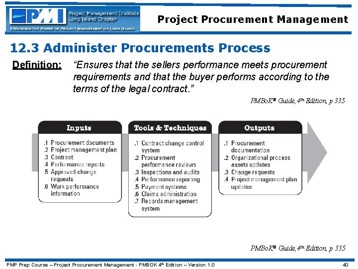 Project Procurement Management 12. 3 Administer Procurements Process Definition: “Ensures that the sellers performance