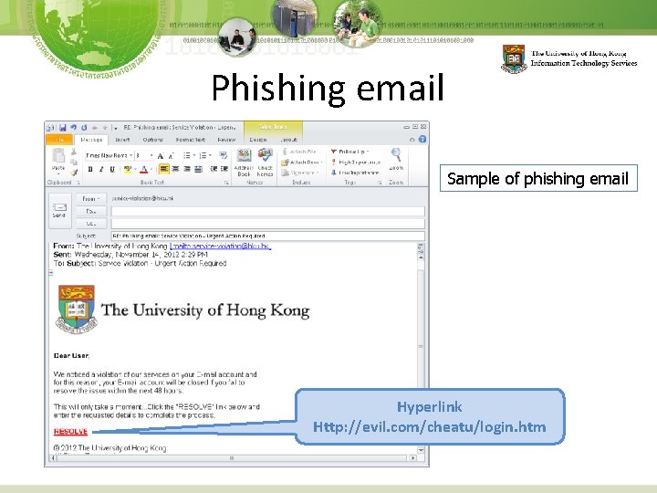 Phishing email Sample of phishing email Hyperlink Http: //evil. com/cheatu/login. htm 