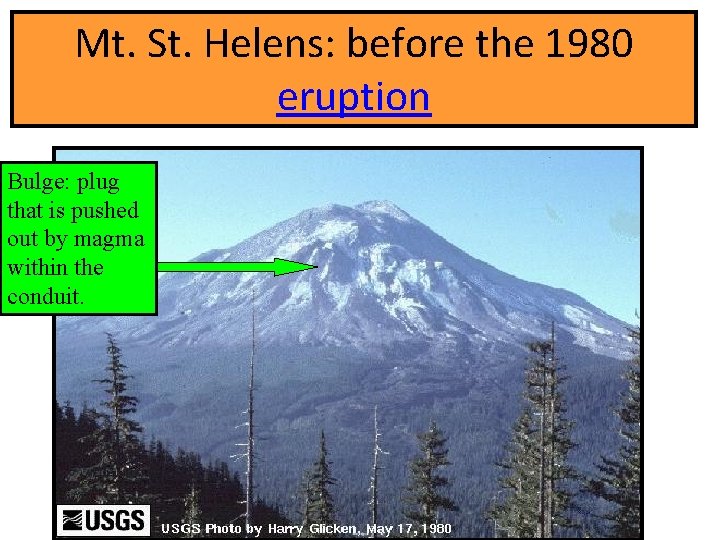 Mt. St. Helens: before the 1980 eruption Bulge: plug that is pushed out by
