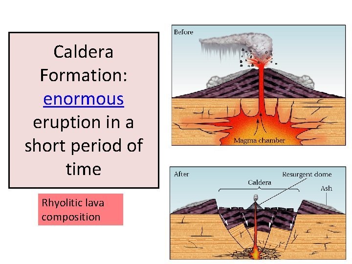 Caldera Formation: enormous eruption in a short period of time Rhyolitic lava composition 