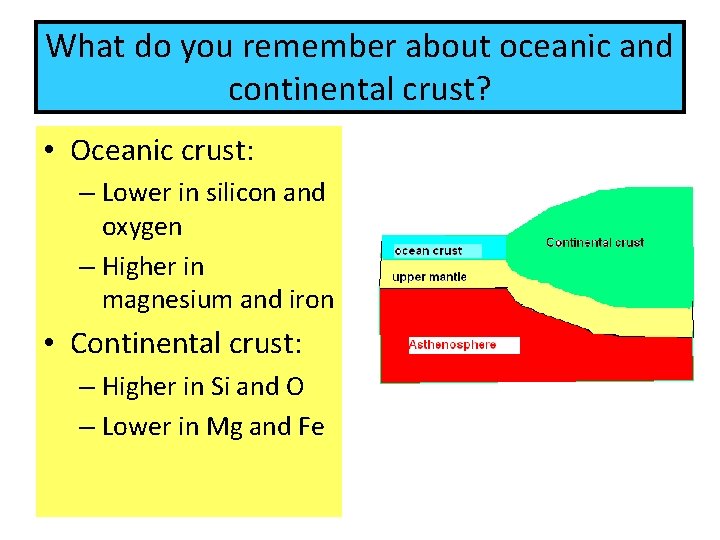 What do you remember about oceanic and continental crust? • Oceanic crust: – Lower