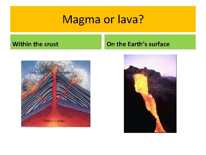 Magma or lava? Within the crust On the Earth’s surface 