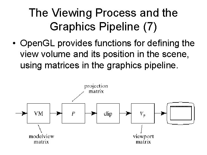 The Viewing Process and the Graphics Pipeline (7) • Open. GL provides functions for