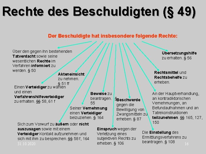 Rechte des Beschuldigten (§ 49) Der Beschuldigte hat insbesondere folgende Rechte: Über den gegen