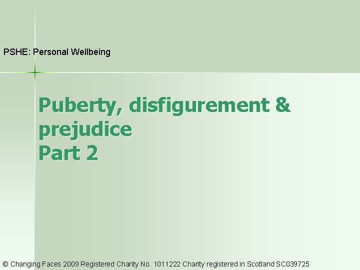 PSHE: Personal Wellbeing Puberty, disfigurement & prejudice Part 2 © Changing Faces 2009 Registered
