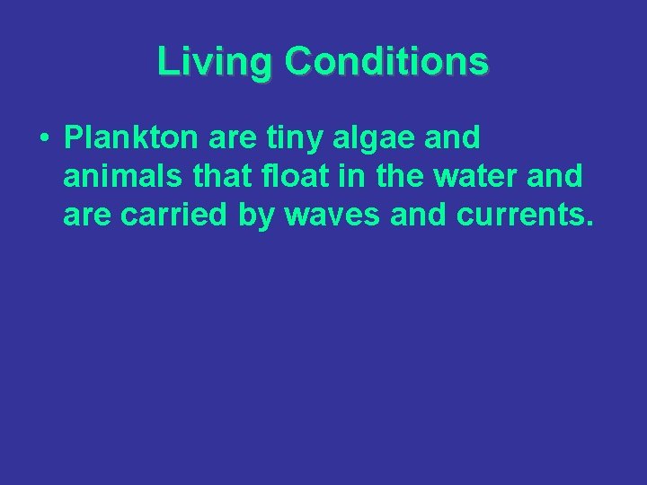 Living Conditions • Plankton are tiny algae and animals that float in the water