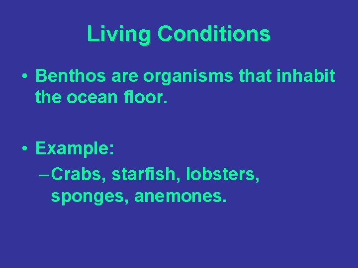 Living Conditions • Benthos are organisms that inhabit the ocean floor. • Example: –