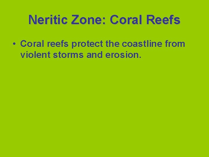 Neritic Zone: Coral Reefs • Coral reefs protect the coastline from violent storms and