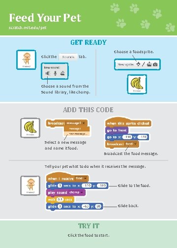 Feed Your Pet scratch. mit. edu/pet GET READY Click the Choose a food sprite.