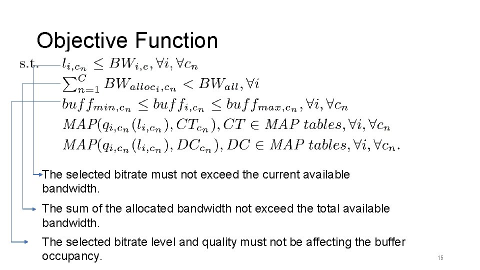 Objective Function The selected bitrate must not exceed the current available bandwidth. The sum