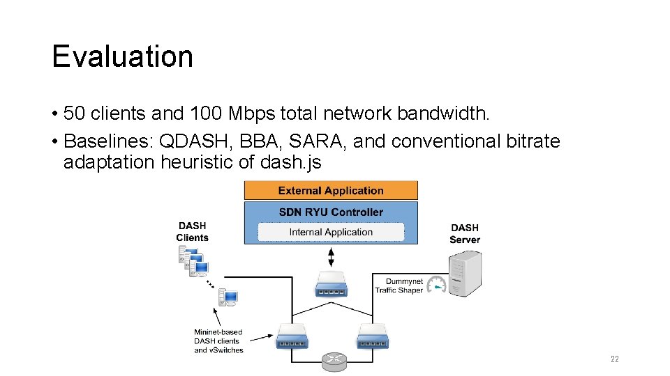 Evaluation • 50 clients and 100 Mbps total network bandwidth. • Baselines: QDASH, BBA,