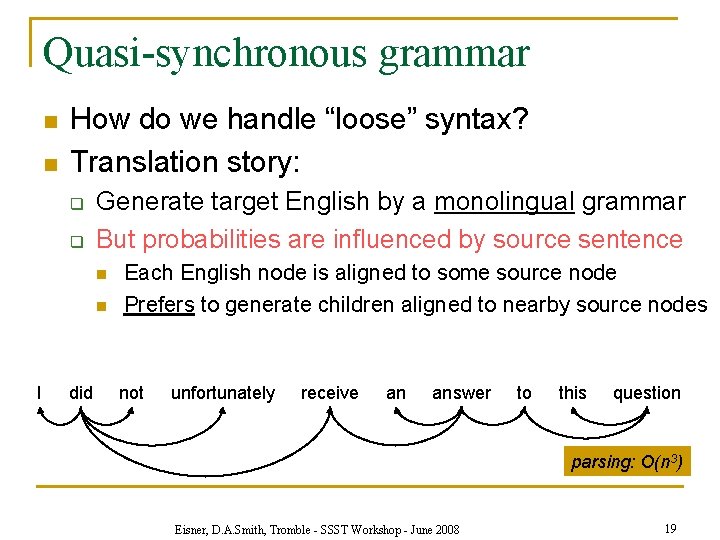 Quasi-synchronous grammar n n How do we handle “loose” syntax? Translation story: q q