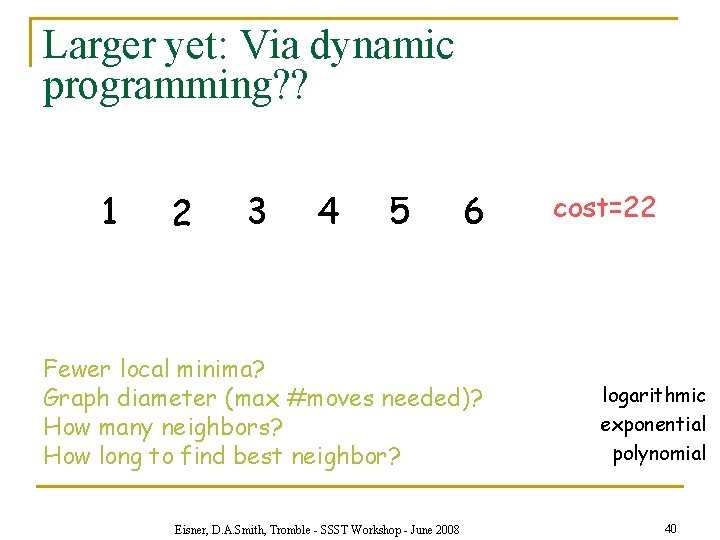 Larger yet: Via dynamic programming? ? 1 2 3 4 5 6 Fewer local