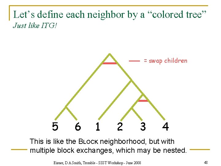 Let’s define each neighbor by a “colored tree” Just like ITG! = swap children