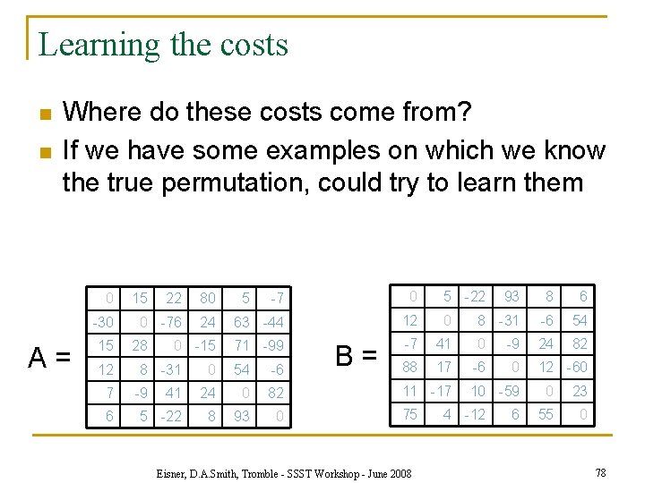 Learning the costs n n Where do these costs come from? If we have