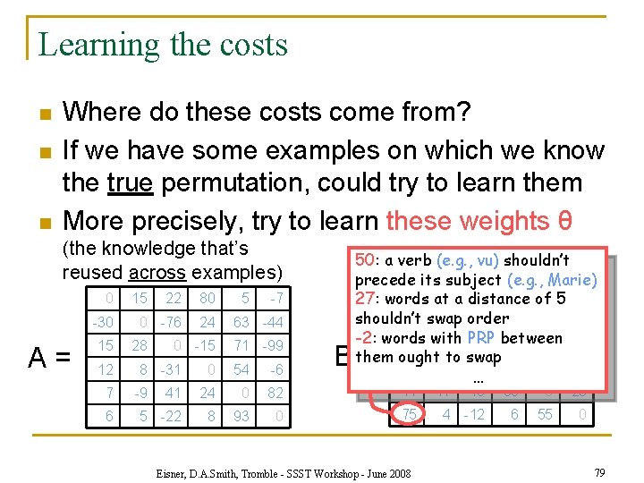 Learning the costs n n n Where do these costs come from? If we