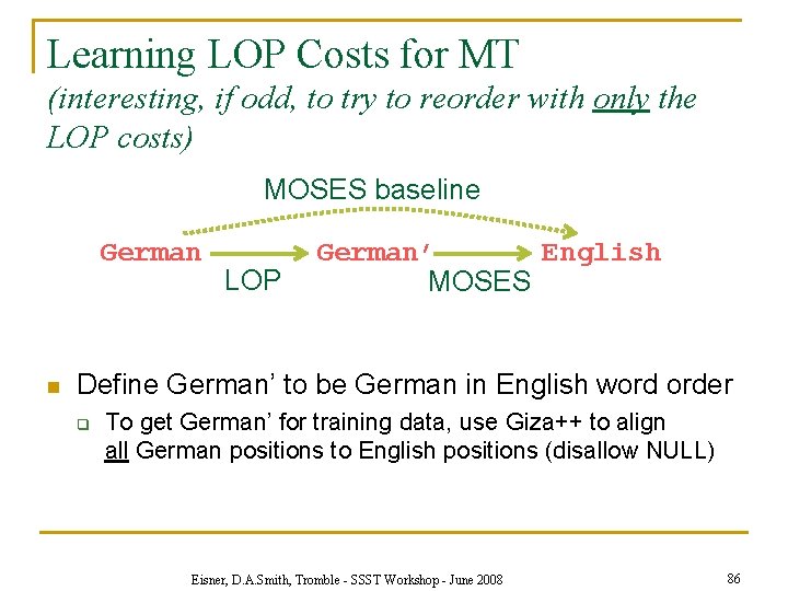 Learning LOP Costs for MT (interesting, if odd, to try to reorder with only
