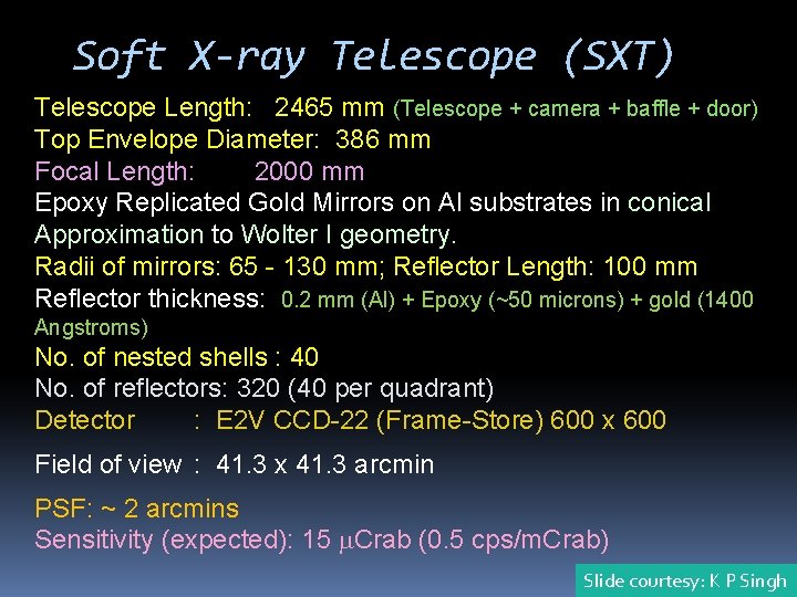 Soft X-ray Telescope (SXT) Telescope Length: 2465 mm (Telescope + camera + baffle +