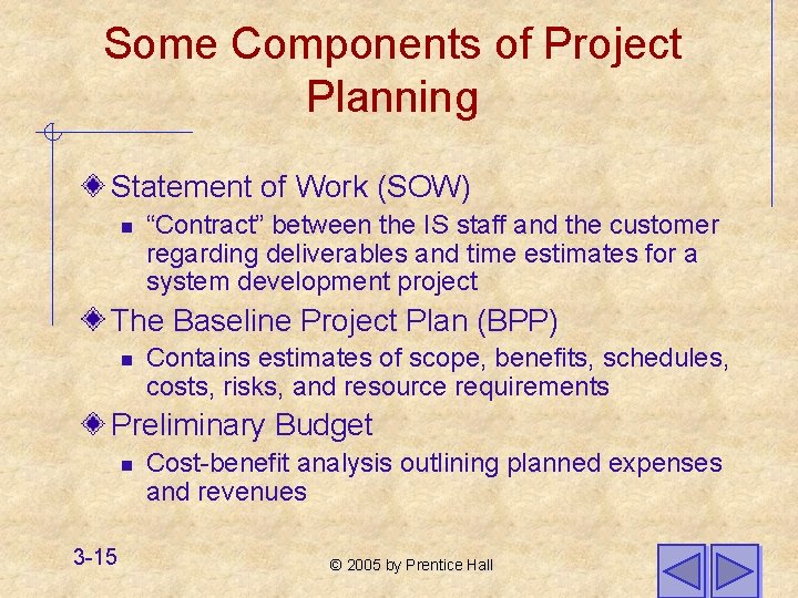 Some Components of Project Planning Statement of Work (SOW) n “Contract” between the IS