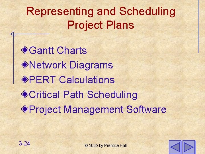 Representing and Scheduling Project Plans Gantt Charts Network Diagrams PERT Calculations Critical Path Scheduling