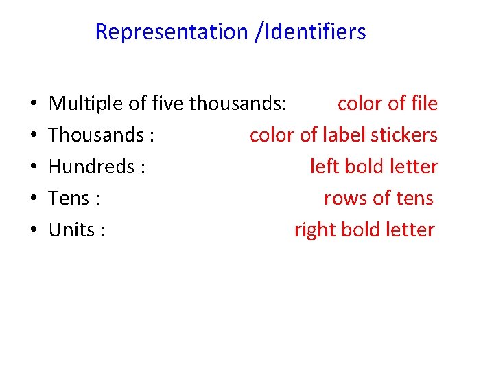 Representation /Identifiers • • • Multiple of five thousands: color of file Thousands :