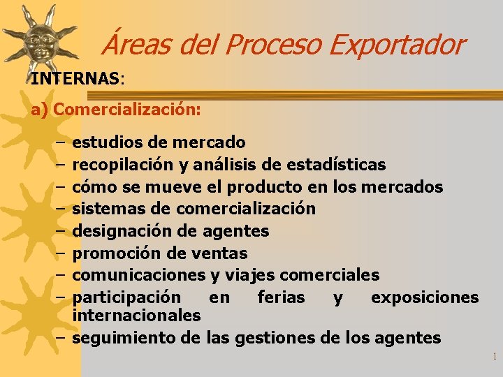 Áreas del Proceso Exportador INTERNAS: a) Comercialización: – – – – estudios de mercado