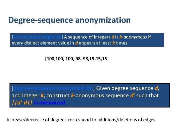 Degree-sequence anonymization [k-anonymous sequence] A sequence of integers d is k-anonymous if every distinct