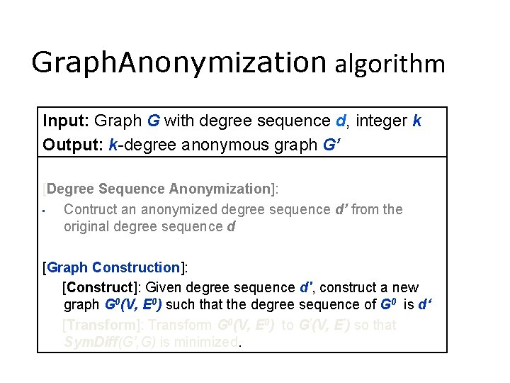 Graph. Anonymization algorithm Input: Graph G with degree sequence d, integer k Output: k-degree