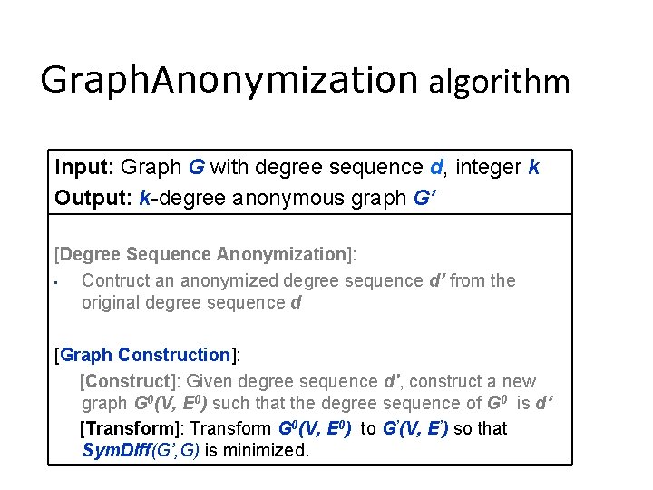 Graph. Anonymization algorithm Input: Graph G with degree sequence d, integer k Output: k-degree