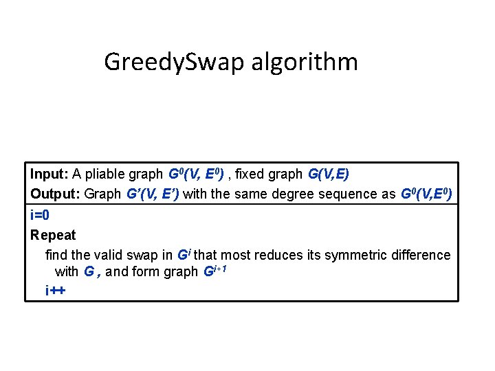 Greedy. Swap algorithm Input: A pliable graph G 0(V, E 0) , fixed graph