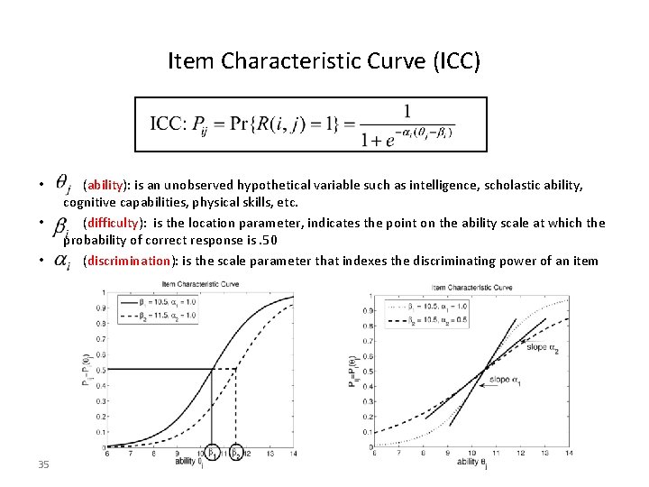 Item Characteristic Curve (ICC) • • • 35 (ability): is an unobserved hypothetical variable