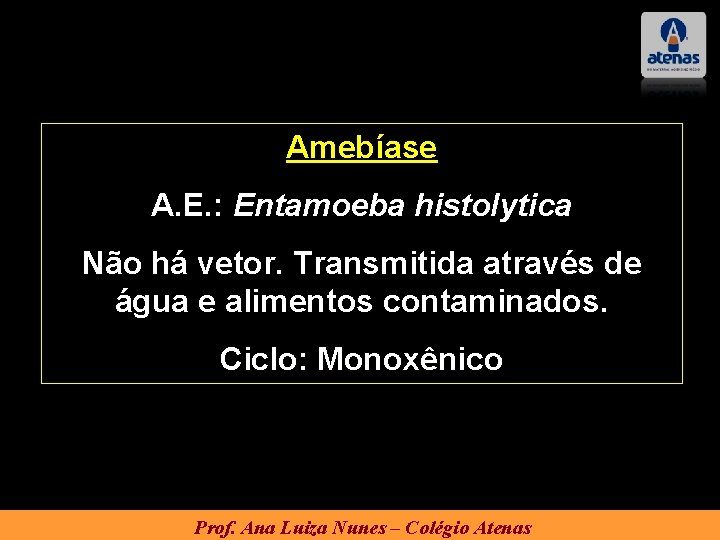 Amebíase A. E. : Entamoeba histolytica Não há vetor. Transmitida através de água e Amebíase A. E. : Entamoeba histolytica Não há vetor. Transmitida através de água e