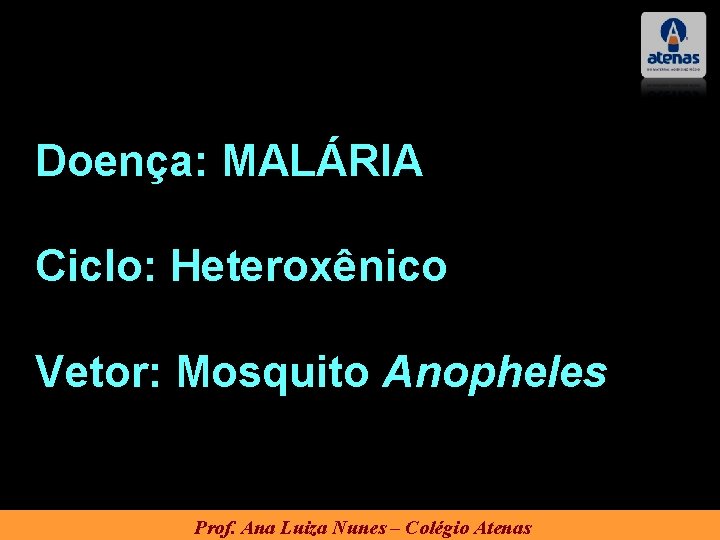 Doença: MALÁRIA Ciclo: Heteroxênico Vetor: Mosquito Anopheles Prof. Ana Luiza Nunes – Colégio Atenas