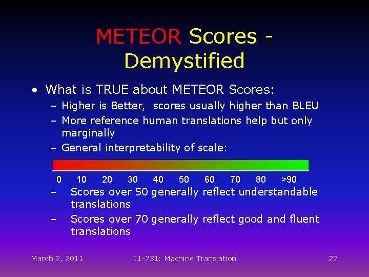 METEOR Scores Demystified • What is TRUE about METEOR Scores: – Higher is Better,