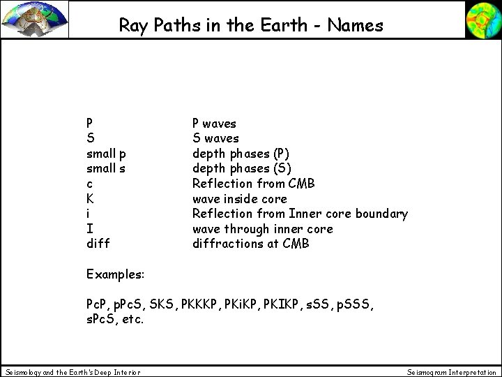 Ray Paths in the Earth - Names P S small p small s c Ray Paths in the Earth - Names P S small p small s c