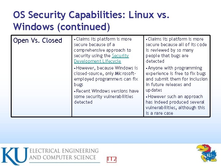 OS Security Capabilities: Linux vs. Windows (continued) Open Vs. Closed • Claims its platform