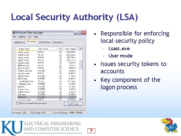 Local Security Authority (LSA) • Responsible for enforcing local security policy Lsass. exe –