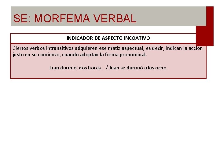 SE: MORFEMA VERBAL INDICADOR DE ASPECTO INCOATIVO Ciertos verbos intransitivos adquieren ese matiz aspectual,