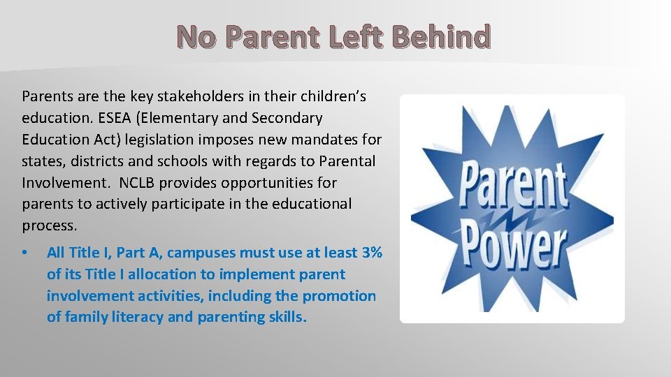 No Parent Left Behind Parents are the key stakeholders in their children’s education. ESEA