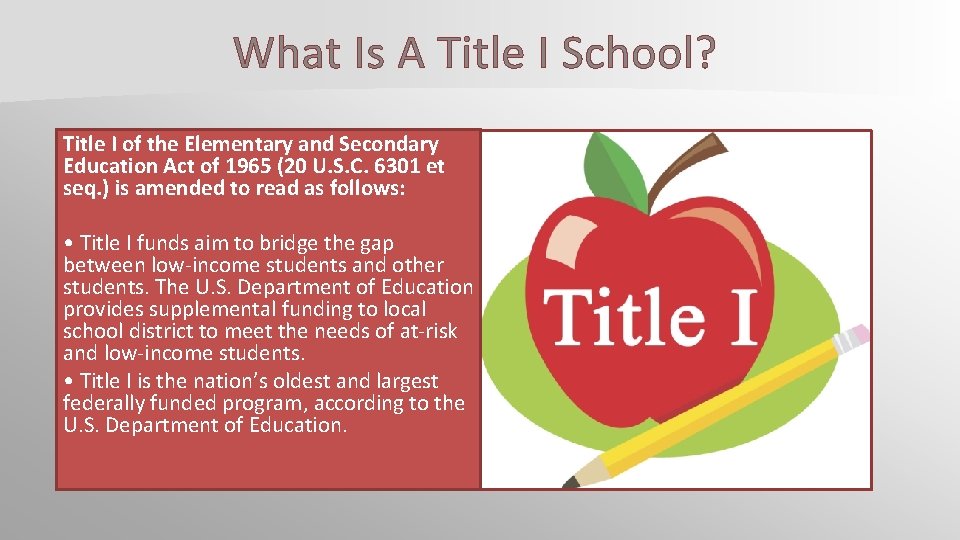 What Is A Title I School? Title I of the Elementary and Secondary Education