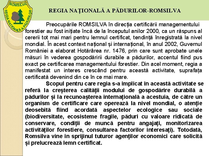 REGIA NAȚIONALĂ A PĂDURILOR-ROMSILVA Preocupările ROMSILVA în direcția certificării managementului forestier au fost inițiate