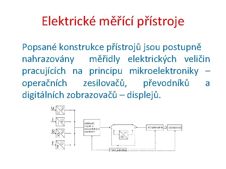 Elektrické měřící přístroje Popsané konstrukce přístrojů jsou postupně nahrazovány měřidly elektrických veličin pracujících na