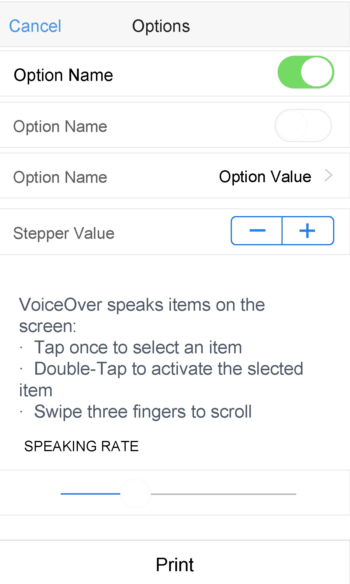 Cancel Options Option Name Option Value Option Name Stepper Value Voice. Over speaks items