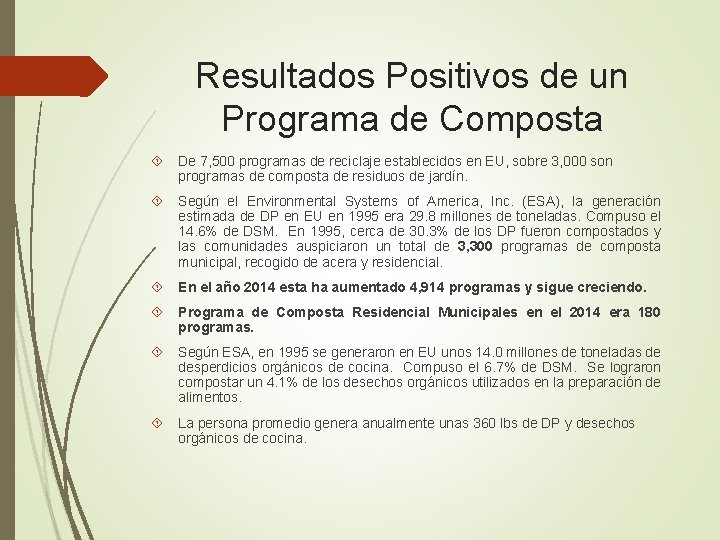 Resultados Positivos de un Programa de Composta De 7, 500 programas de reciclaje establecidos